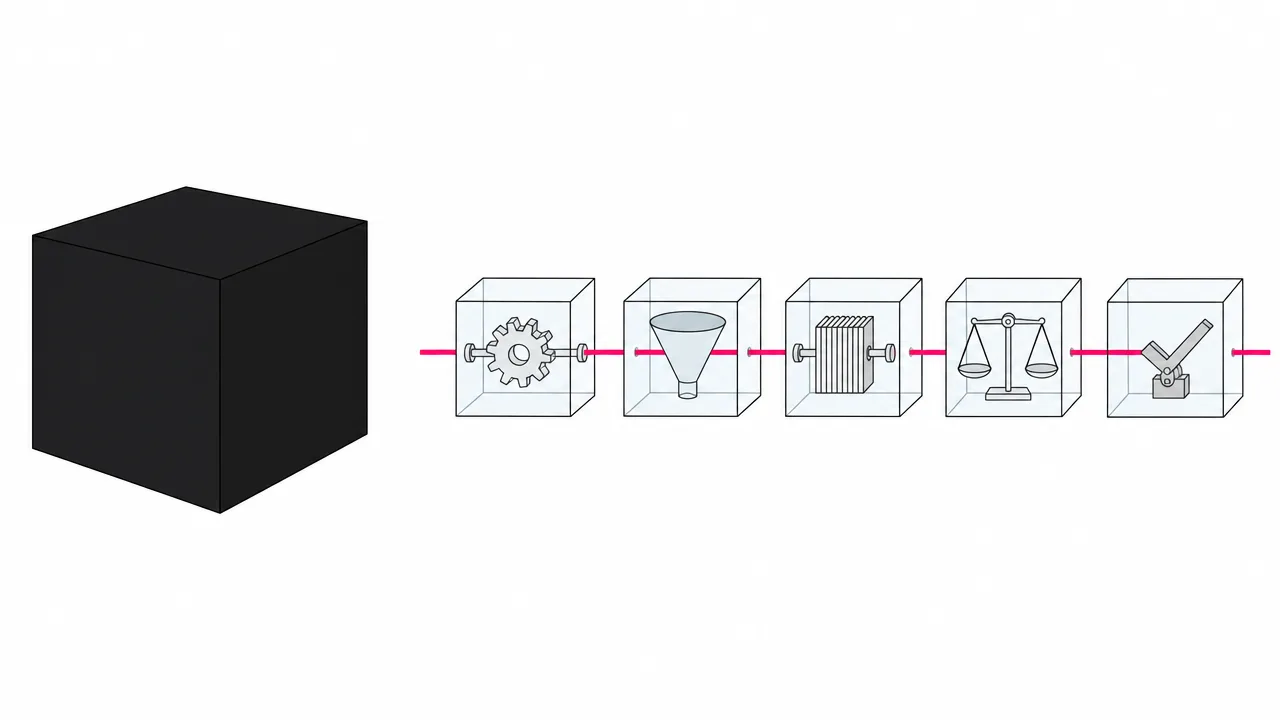 Left: one large opaque black box representing a monolithic frontier model. Right: a chain of five small transparent glass boxes, each revealing its inner mechanism, connected by a single process line — the harness orchestrating small specialized models.