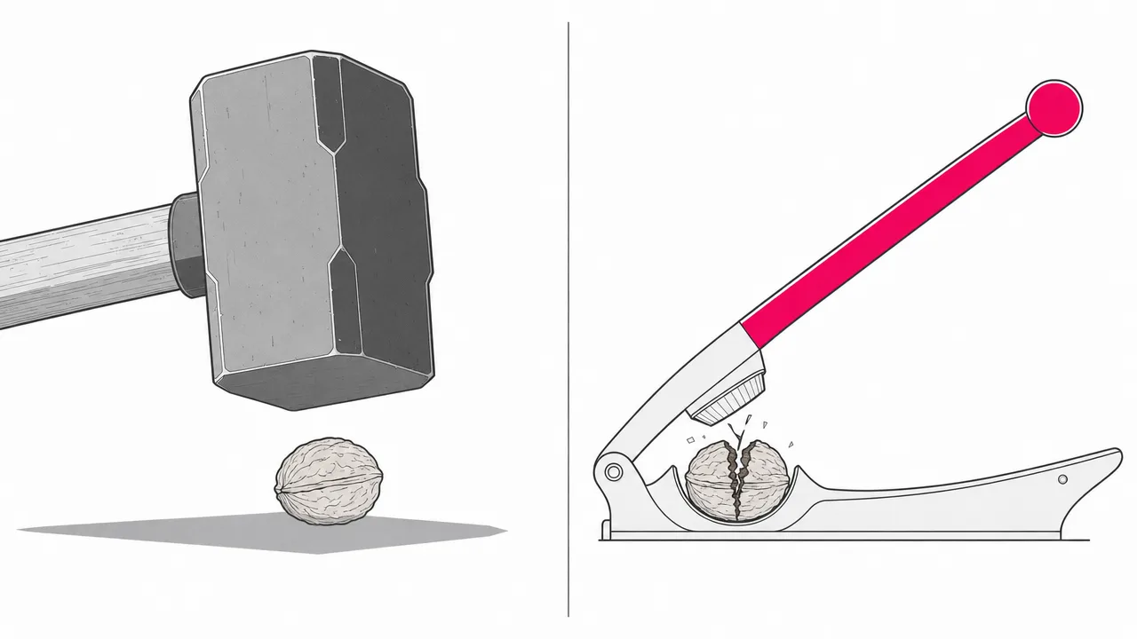 Left: an oversized sledgehammer poised over a single small walnut. Right: an elegant lever nutcracker cleanly cracking the same walnut — the right-sized tool for the task.